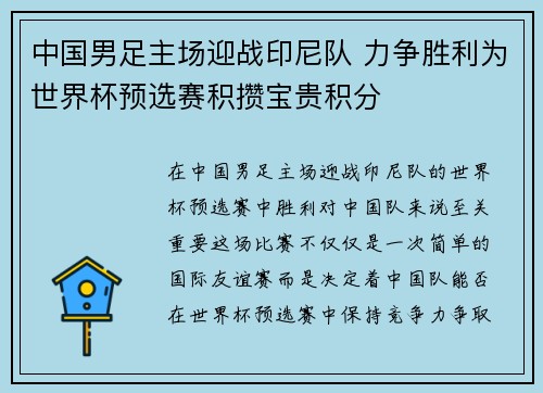 中国男足主场迎战印尼队 力争胜利为世界杯预选赛积攒宝贵积分