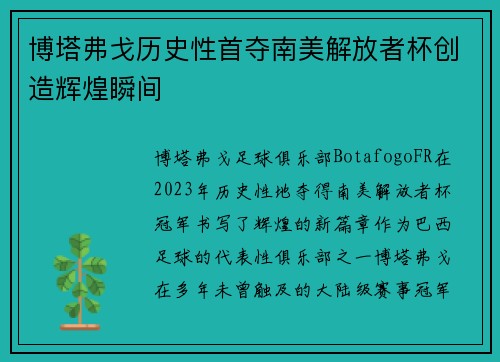 博塔弗戈历史性首夺南美解放者杯创造辉煌瞬间